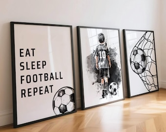 Arte mural de fútbol personalizado, juego de 3 láminas de fútbol, decoración para habitación de niños, decoración de fútbol para dormitorio infantil, camiseta de fútbol, regalos de fútbol