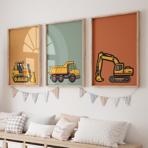Construction Truck Wall Art, Set of 3 Construction Vehicle Prints for Boys, Dump Truck Posters for Kids Bedroom, Boys Room Decor, Bulldozer