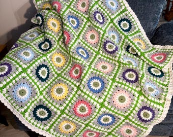 HANDMADE NEW Crochet Granny Square Sunburst Blanket / Sofa Throw approx. size: 50 inches x 50 inches