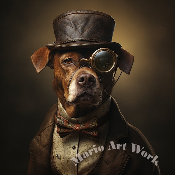 Adventurous Canine in Quilted Hat - Steampunk Dog with Goggle, Victorian Gentleman Pet Portrait