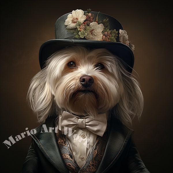 Victorian Elegance - Sophisticated Dog with Floral Hat and Bow Tie, Vintage-Inspired Pet Portrait