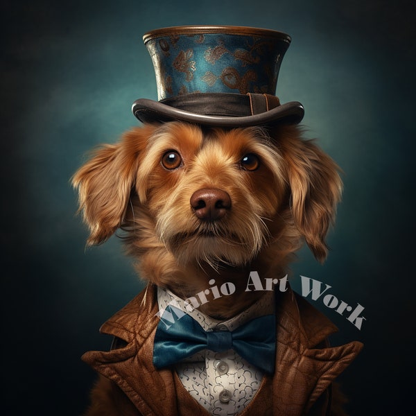 Golden Charm Dog in Top Hat - Whimsical Pet Portrait with Blue Bow Tie and Leather Jacket, Victorian Canine Art