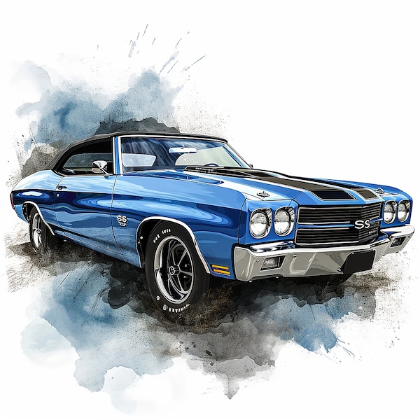Vintage 1970 Chevrolet Chevelle SS 454 Classic Car Illustration - Blue Muscle Car Art Print for Garage Decor