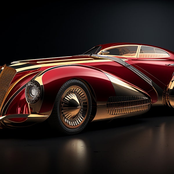 Art Deco Luxury Concept Car - Opulent Red and Gold Vintage-Inspired Vehicle Illustration for Premium Automotive Art