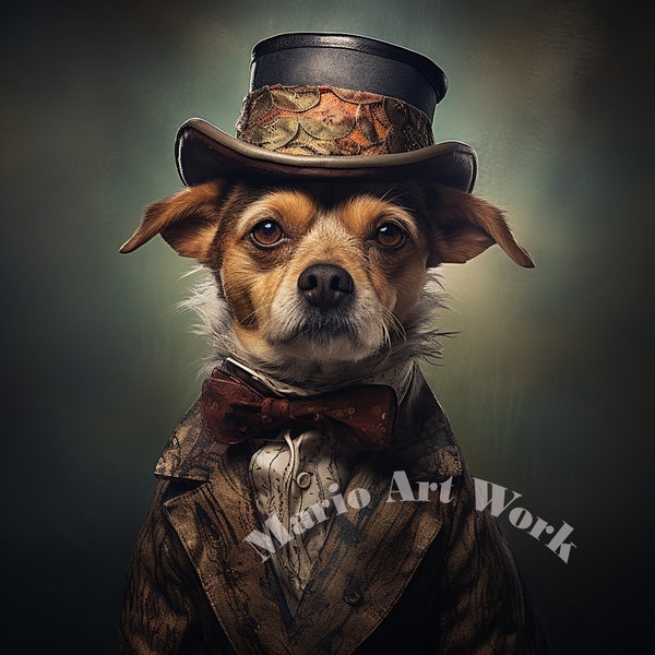 Adventurer Pup Portrait - Vintage Map Jacket and Floral Hat, Steampunk-Inspired Canine Art