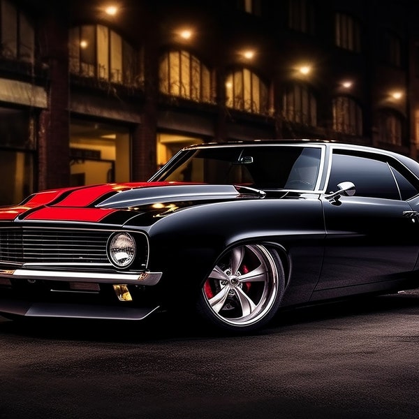 Classic Black Chevrolet Camaro with Red Stripes - Urban Nighttime Muscle Car Photography