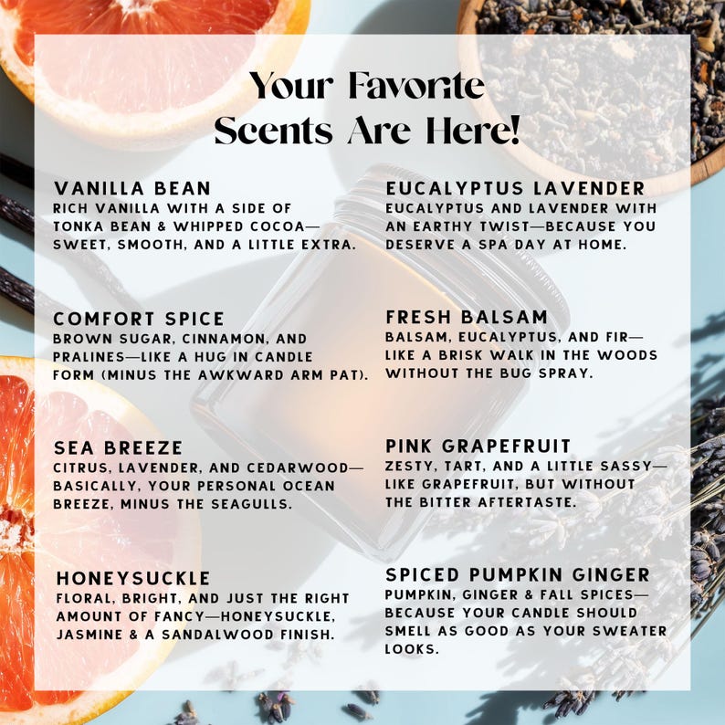 May include: A product image with the text "Your Favorite Scents Are Here!" and descriptions of various candle scents, including Vanilla Bean, Eucalyptus Lavender, Comfort Spice, Fresh Balsam, Sea Breeze, Pink Grapefruit, Honeysuckle, and Spiced Pumpkin Ginger.