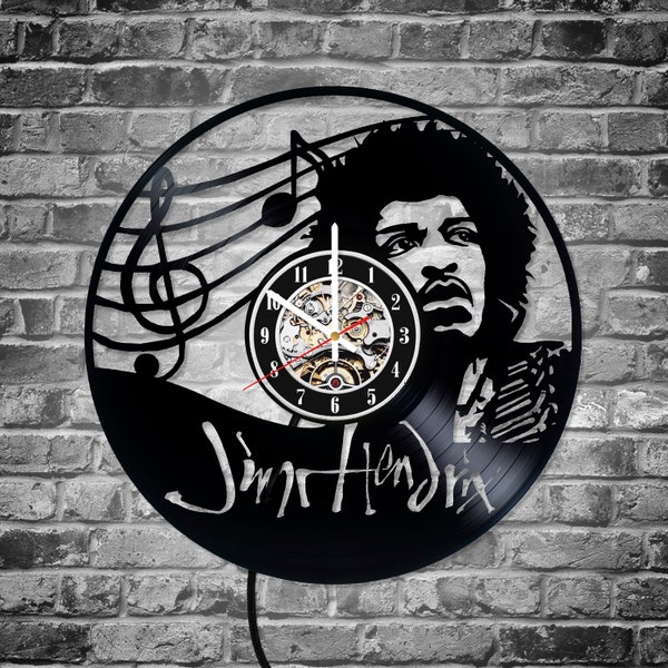 Lampe de nuit Led Light Clock fabriqué à partir de Real LP Vinyl Record 12 « Jimi Hendrix musique fan art, décor mural de bureau à domicile, cadeau d’anniversaire pour lui elle