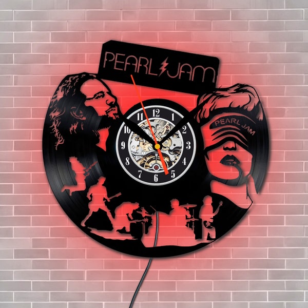 Pearl Jam Handgemachte Uhr aus echter LP Schallplatte, LED-Nachtlampe, Fan-Kunst, Geschenkidee für Pearl Jam-Rockband-Fans, Home-Office-Wandkunst