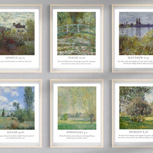 May include: Set of six framed art prints featuring Impressionist landscape paintings. Each print has a light beige frame and includes a Bible verse at the bottom. The paintings depict scenes of nature, including gardens, water, and fields.