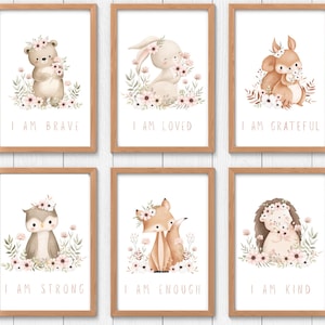 Wald Tiere positive Affirmationen Poster für Kinderzimmer Mädchen Zimmer Wand Kunst Dekor | Boho Spielzimmer Waldtier Affirmationen Dekor