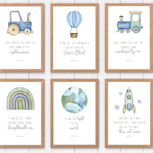 May include: Set of six printable wall art prints featuring watercolour illustrations of a tractor, hot air balloon, train, rainbow, globe, and rocket ship. Each print includes a Bible verse.