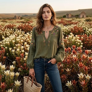 May include: An olive green long-sleeved blouse featuring a split neckline and intricate floral embroidery in shades of yellow, pink, and white around the collar and shoulders, paired with dark blue denim jeans and a woven straw tote bag.