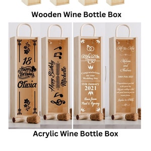 Wine Box - Wooden/Acrylic Holder Case For Bottle Decoupage Craft- Birthday Gift Present Any Name & Age, Various Design, Any Coloured Font