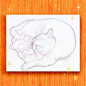 Delicate print of original graphite art ~ Mother cat and kittens ~ by Brontetear