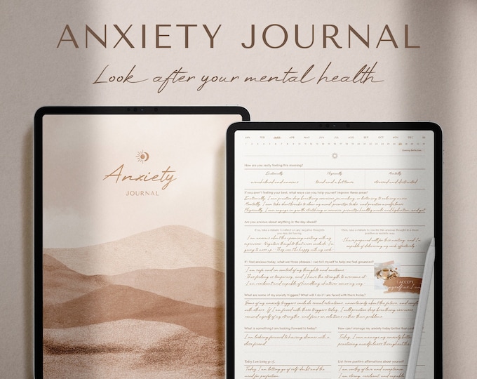 ANXIETY JOURNAL | Mental Health Journal | Therapy Journal | Anxiety Relief | Mood Tracker | Mindfulness Self Care Wellness Gratitude Healing