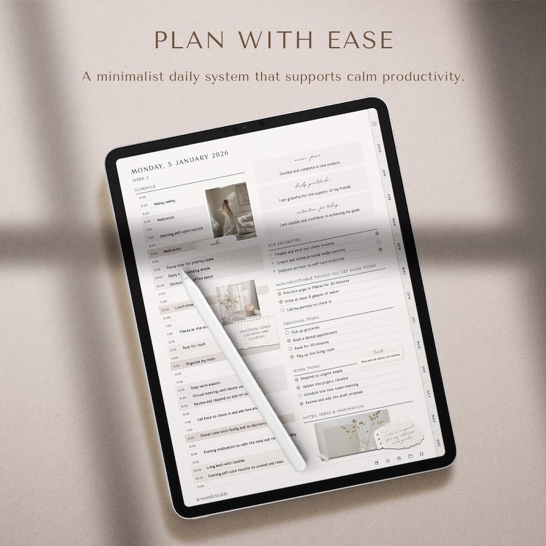 2026 digital planner for iPad, GoodNotes, and Notability with a clean minimalist layout. Includes hyperlinked yearly, monthly, weekly, and daily pages for productivity, planning, scheduling, time management, routines, and organization. Features habit tracker, goals, vision, wellness, finance templates, and notes. Ideal as a 2026 planner, daily planner, weekly planner, monthly planner, ADHD planner, productivity planner, and GoodNotes template.