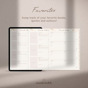 May include: A digital planner with a beige background and gold accents. The planner is divided into three sections: Favorite Books, Favorite Authors, and Favorite Quotes. Each section has a list of fields to fill in, such as book title, author, and favorite quote.