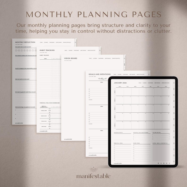 2026 digital planner for iPad, GoodNotes, and Notability with a clean minimalist layout. Includes hyperlinked yearly, monthly, weekly, and daily pages for productivity, planning, scheduling, time management, routines, and organization. Features habit tracker, goals, vision, wellness, finance templates, and notes. Ideal as a 2026 planner, daily planner, weekly planner, monthly planner, ADHD planner, productivity planner, and GoodNotes template.