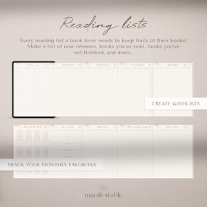 May include: A printable reading list tracker with sections for books to read, books read, wishlists, and monthly favorites. The tracker has a light brown background with a floral design.