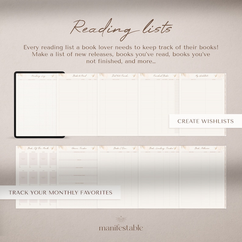 May include: A printable reading list tracker with sections for books to read, books read, wishlists, and monthly favorites. The tracker has a light brown background with a floral design.