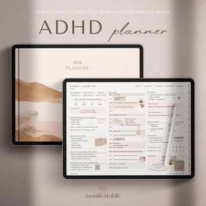 May include: Two digital planners, one open, one closed, with a neutral color palette. The open planner displays a detailed daily schedule, while the closed planner shows the year 2026. The text "ADHD planner" is visible.