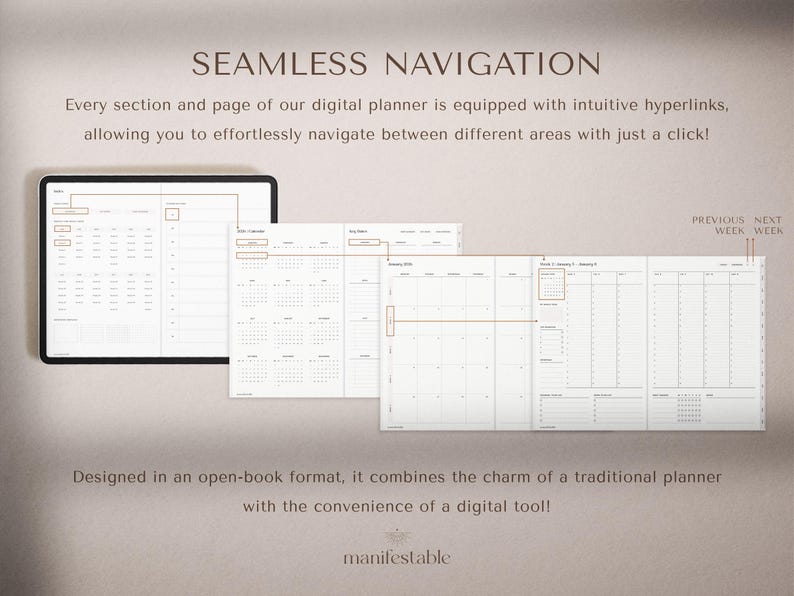 2026 digital planner, weekly planner, monthly planner, daily planner, GoodNotes planner, Notability planner, iPad planner, minimalist digital planner, aesthetic planner, hyperlinked PDF planner, productivity planner, goal planner, wellness planner, landscape layout, Monday start, Sunday start, tablet planner, time-blocking planner, student planner, planner for professionals, open book design, clean modern layout, ADHD planner, digital life planner, digital agenda, all-in-one planner 2026