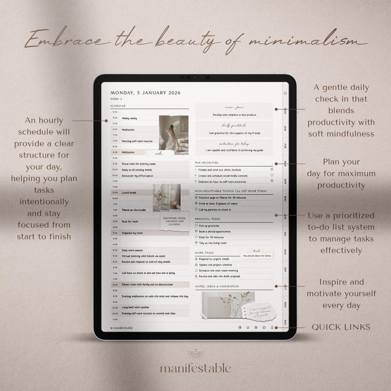 2026 digital planner for iPad, GoodNotes, and Notability with a clean minimalist layout. Includes hyperlinked yearly, monthly, weekly, and daily pages for productivity, planning, scheduling, time management, routines, and organization. Features habit tracker, goals, vision, wellness, finance templates, and notes. Ideal as a 2026 planner, daily planner, weekly planner, monthly planner, ADHD planner, productivity planner, and GoodNotes template.
