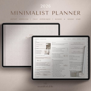 May include: A digital minimalist planner for 2026, shown on a tablet and a book. The tablet displays a detailed daily schedule. The image text reads "2026 Minimalist Planner" and "Instant Download | Fully Hyperlinked | Monday & Sunday Start".