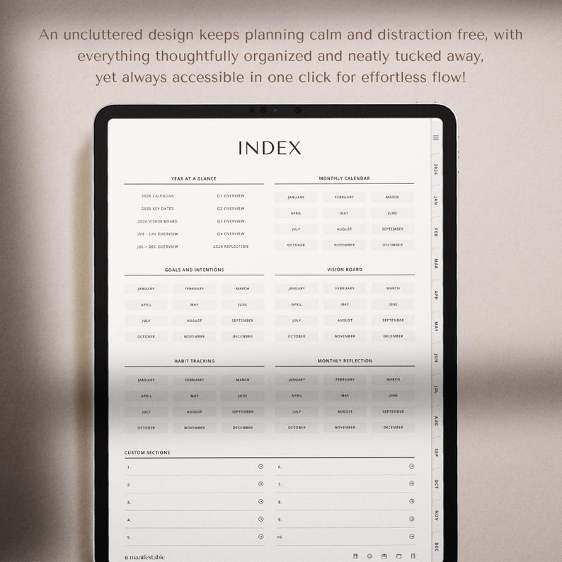 2026 digital planner for iPad, GoodNotes, and Notability with a clean minimalist layout. Includes hyperlinked yearly, monthly, weekly, and daily pages for productivity, planning, scheduling, time management, routines, and organization. Features habit tracker, goals, vision, wellness, finance templates, and notes. Ideal as a 2026 planner, daily planner, weekly planner, monthly planner, ADHD planner, productivity planner, and GoodNotes template.