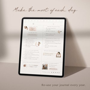 May include: A digital tablet displaying a daily planner with a light brown background and handwritten text. The planner includes sections for "Things that made me smile today", "Amazing things that happened today", "How could I have made today even better", "Tomorrow I am looking forward to", and "Reflecting on my day".