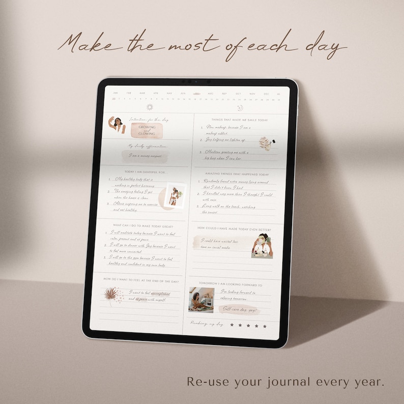 May include: A digital tablet displaying a daily planner with a light brown background and handwritten text. The planner includes sections for "Things that made me smile today", "Amazing things that happened today", "How could I have made today even better", "Tomorrow I am looking forward to", and "Reflecting on my day".
