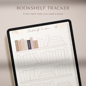 May include: A digital bookshelf tracker with a beige background. The tracker has a title that says "Bookshelf Tracker" and a subtitle that says "Color each time you read a book". The tracker has a list of books on the left side and a bookshelf on the right side. The bookshelf has five shelves with spaces for books. The tracker also has a list of categories on the right side.