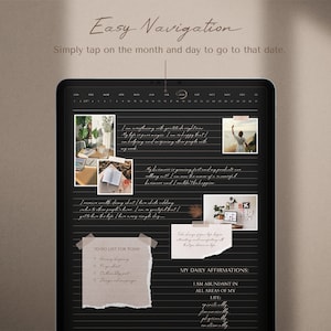 May include: A black digital planner with a calendar, to-do list, and daily affirmations. The planner has a black background with white lines and text. The calendar is for the year 2023 and includes photos and handwritten notes.