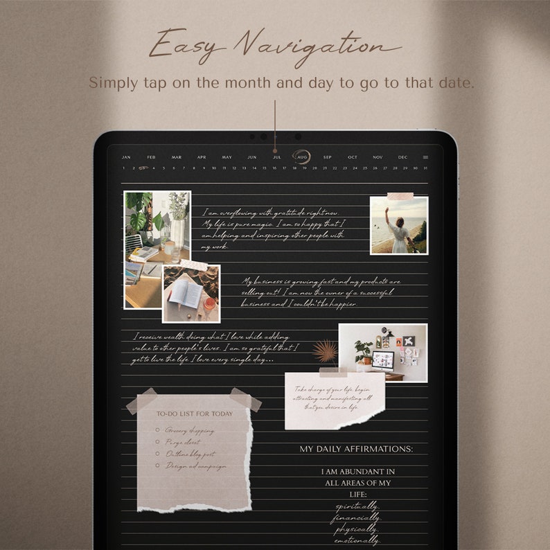 May include: A black digital planner with a calendar, to-do list, and daily affirmations. The planner has a black background with white lines and text. The calendar is for the year 2023 and includes photos and handwritten notes.