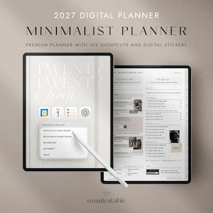 Puede incluir: Una agenda digital 2027 mostrada en dos pantallas de tableta. La pantalla izquierda muestra un menú con atajos de iOS e iconos de aplicaciones. La pantalla derecha muestra un horario diario con casillas de verificación. Un lápiz óptico blanco.