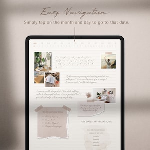 May include: A digital calendar app on a tablet screen with a light brown background. The calendar is open to December and shows a list of daily affirmations, a to-do list, and inspirational quotes. The app has a simple, clean design with a minimalist aesthetic.