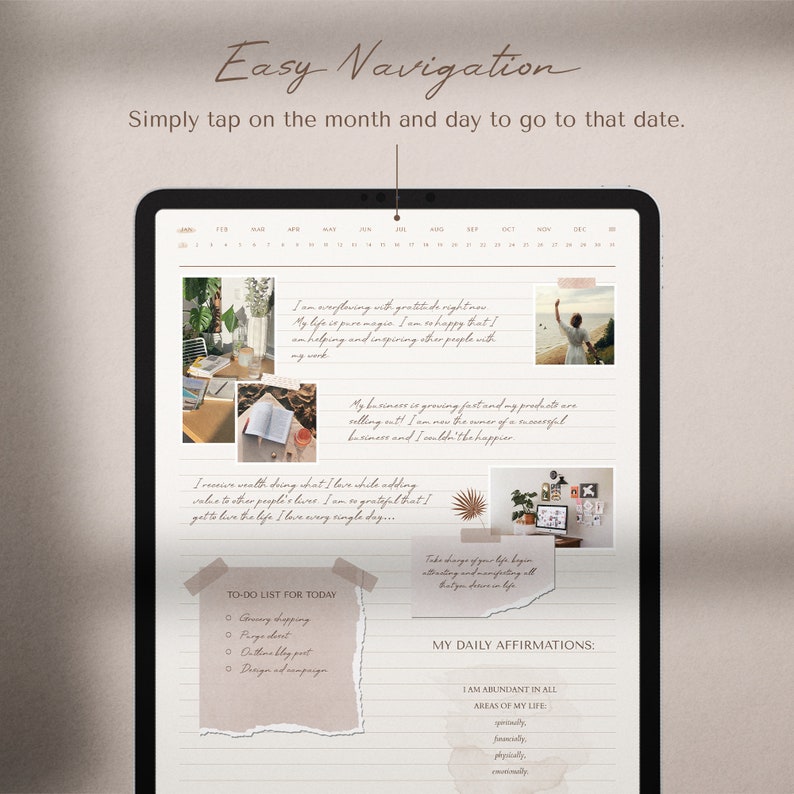 May include: A digital calendar app on a tablet screen with a light brown background. The calendar is open to December and shows a list of daily affirmations, a to-do list, and inspirational quotes. The app has a simple, clean design with a minimalist aesthetic.