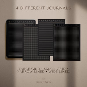 May include: Four different journal pages are displayed on a computer screen. The pages are black with white lines and grids. The text "4 DIFFERENT JOURNALS" is at the top of the image. The text "LARGE GRID. SMALL GRID. NARROW LINED. WIDE LINED." is at the bottom of the image.