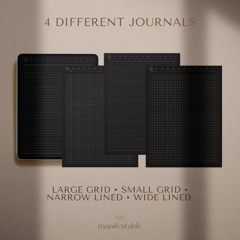 May include: Four different journal pages are displayed on a computer screen. The pages are black with white lines and grids. The text "4 DIFFERENT JOURNALS" is at the top of the image. The text "LARGE GRID. SMALL GRID. NARROW LINED. WIDE LINED." is at the bottom of the image.