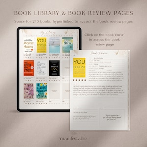 May include: A digital planner page with a book library and a book review section. The library section has a grid of book covers with titles like "Atomic Habits" and "You Are a Badass". The review section has a form to record details about a book, including title, author, date published, and a space for a review.