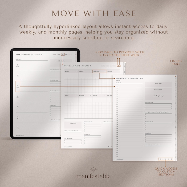 2026 digital planner for iPad, GoodNotes, and Notability with a clean minimalist layout. Includes hyperlinked yearly, monthly, weekly, and daily pages for productivity, planning, scheduling, time management, routines, and organization. Features habit tracker, goals, vision, wellness, finance templates, and notes. Ideal as a 2026 planner, daily planner, weekly planner, monthly planner, ADHD planner, productivity planner, and GoodNotes template.