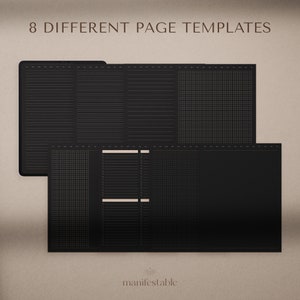 May include: Eight different page templates for a planner or journal. The templates are black with gold lines and grids. The templates include lined pages, grid pages, and blank pages. The text "manifestable" is at the bottom of the image.
