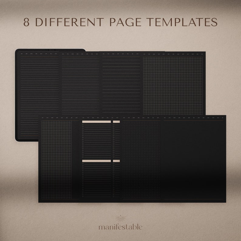 May include: Eight different page templates for a planner or journal. The templates are black with gold lines and grids. The templates include lined pages, grid pages, and blank pages. The text "manifestable" is at the bottom of the image.