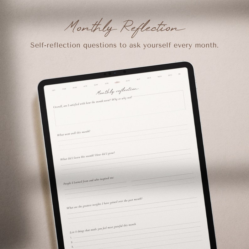 May include: A printable monthly reflection journal page with questions to help you reflect on the past month. The questions include: Overall, am I satisfied with how the month went? Why or why not? What went well this month? What did I learn this month? How did I grow? People I learned from and who inspired me? What are the greatest insights I have gained over the past month? List 5 things that made you feel most grateful this month?