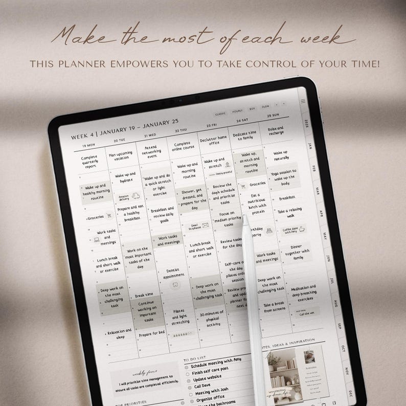 2026 digital planner for iPad, GoodNotes, and Notability with a clean minimalist layout. Includes hyperlinked yearly, monthly, weekly, and daily pages for productivity, planning, scheduling, time management, routines, and organization. Features habit tracker, goals, vision, wellness, finance templates, and notes. Ideal as a 2026 planner, daily planner, weekly planner, monthly planner, ADHD planner, productivity planner, and GoodNotes template.