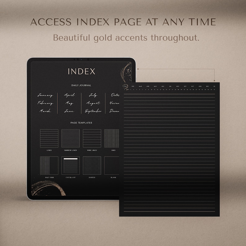 May include: Black digital planner with gold accents. The planner features a monthly calendar, daily journal pages, and page templates. The text "INDEX" is at the top of the planner.