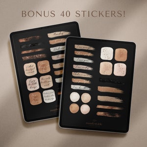 May include: A set of 40 digital stickers featuring motivational quotes and abstract shapes in shades of brown, beige, and black. The stickers are designed for use in digital planners and journals.