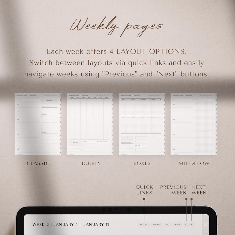 2026 digital planner for iPad, GoodNotes, and Notability with a clean minimalist layout. Includes hyperlinked yearly, monthly, weekly, and daily pages for productivity, planning, scheduling, time management, routines, and organization. Features habit tracker, goals, vision, wellness, finance templates, and notes. Ideal as a 2026 planner, daily planner, weekly planner, monthly planner, ADHD planner, productivity planner, and GoodNotes template.