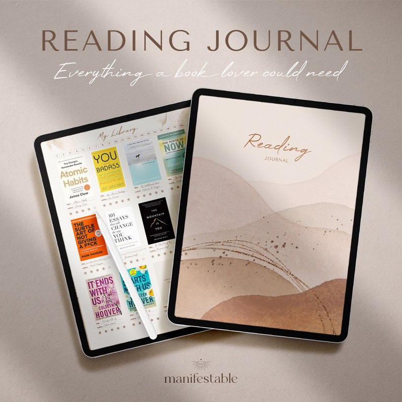 May include: A digital reading journal with a brown and beige watercolor background. The journal has a section for "My Library" with a list of books and a section for "Reading Journal".